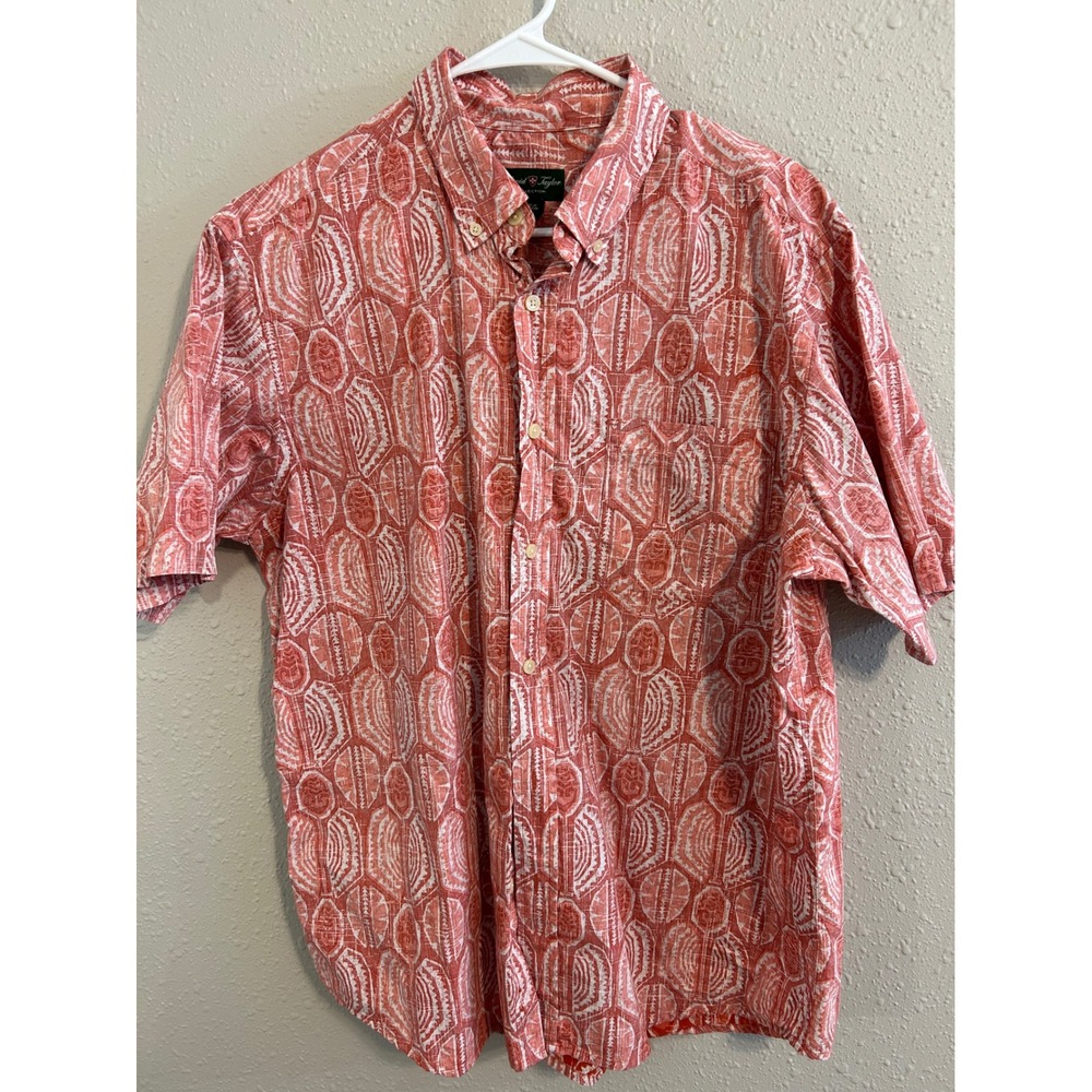David Taylor Mens Large Red White Tribal‎ Print Cotton Short Sleeve Button Down